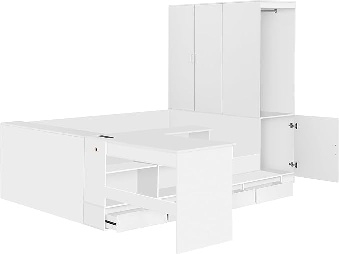 SOFTSEA Full Size Daybed with Wardrobe, L-Shaped Desk, 6 Drawers & USB Ports, Wooden Platform Bed with Open Shelves & Under Bed Storage, Space-Saving Corner Bed for Kids Teens, White