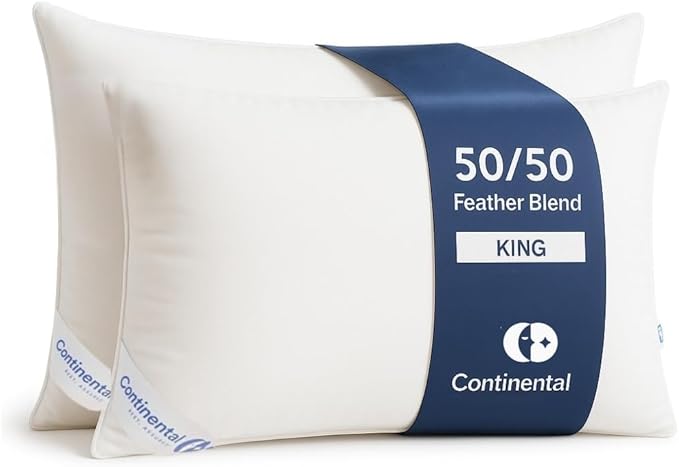 Continental Bedding 50/50 Down Feather Pillow, Fluffy Hotel Quality Side Sleeper Support, Breathable 300TC Cotton, RDS and Oeko TEX Certified
