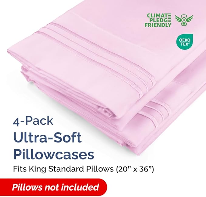 King Standard Pillow Cases Set of 4 - Soft Hotel Quality Pillowcase Covers - Comfy Bedding for Women, Men, Kids & Teens - Machine Washable Pillow Protectors - 4 Piece Set - King Standard Light Pink