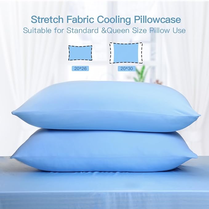 Elegear Cooling Pillow Cases for Hot Sleepers, Japanese Q-Max>0.55 Arc-Chill Cooling Pillowcases, Double Sided Elastic Cooling Pillow Covers with Hidden Zipper, Set of 2 - Blue Standard & Queen Size