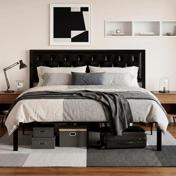 SHA CERLIN King Size Metal Platform Bed Frame, PU Leather Upholstered Button Tufted Headboard, Mattress Foundation with 12.4” Under-Bed Storage, Noise-Free, Easy Assembly, No Box Spring Needed, Black