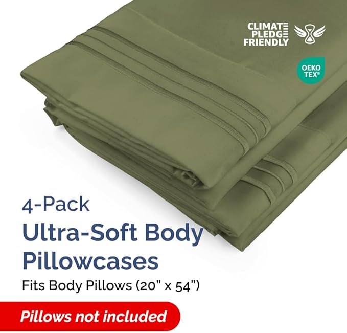Body Pillowcases Set of 4-20x54 Long Body Pillow Case - Soft Body Pillow Cover for Sleeping & Side Sleepers - Comfy, Breathable & Fade Free - Machine Washable w/Envelope Enclosure - (Sage Green)