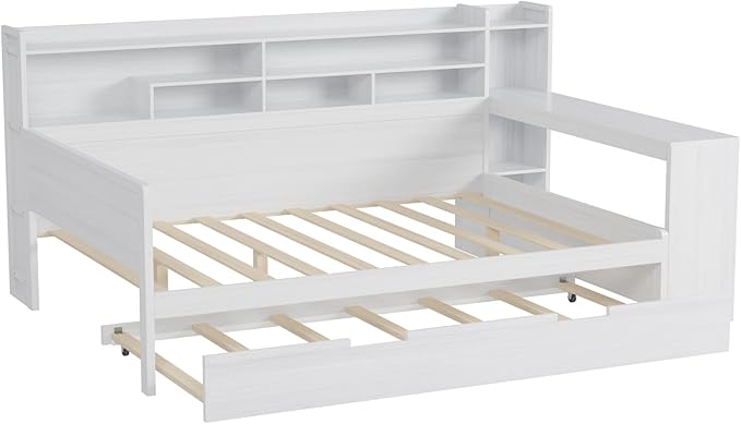 Merax Full Size Corner Bed Frames with Desk and Trundle & Storage Shelves Headboard, Pinewood U-Shaped Captain Daybed, Full Corner Bed Frames for Small Room, Bedroom, Guest Room, Kids' Room, White