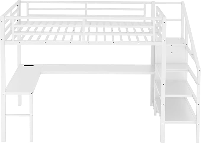 Full Size Loft Bed with Desk and Wardrobe, Metal Heavy Duty Loft Bed with Storage Stairs, LED Lights, USB Port, LoftBed Frames for Kids, Junior, Space Saving, Noise Free (White, Full)