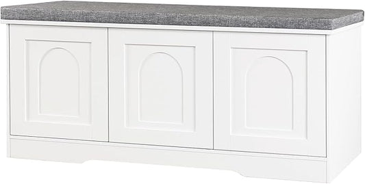 DINZI LVJ Shoe Bench, Entryway Storage Bench with Doors, Cushion, 2-Tier Shoe Rack with 6-Cubby, 39.4”L x 13.8”W Shoe Organizer Cabinet, Adjustable Shelf, Living Room, Bedroom, White