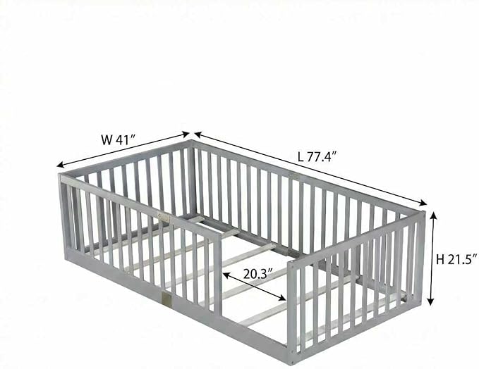 Bellemave Twin Size Montessori Floor Bed with 21.5" High Rails, Rubber Wood Twin Floor Bed with Slats, Gray