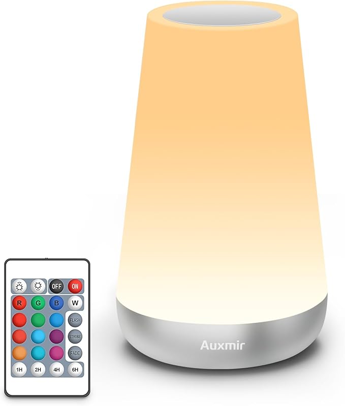Auxmir Rechargeable LED Night Light, Touch & Remote Control Bedside Lamp with 13 Colors, 5 Brightness Levels, Portable Table Lamp for Kids Baby Nursery, Bedroom, Bathroom, Camping, Silver