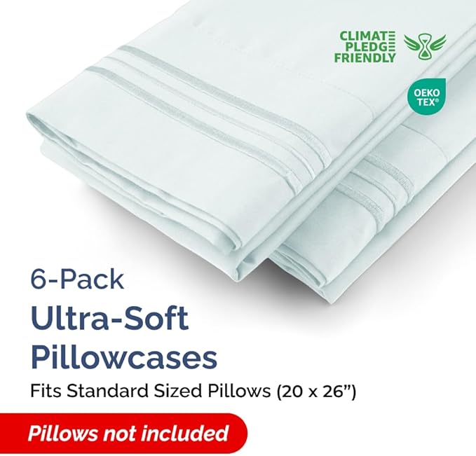 Standard Pillow Cases Set of 6 - Ultra Soft Hotel Quality Pillowcase Covers - Comfy, Cozy & Wrinkle Free - Shrink, Stain & Fade Resistant - Machine Washable Pillow Protectors - 6 Piece Set - Ice Blue