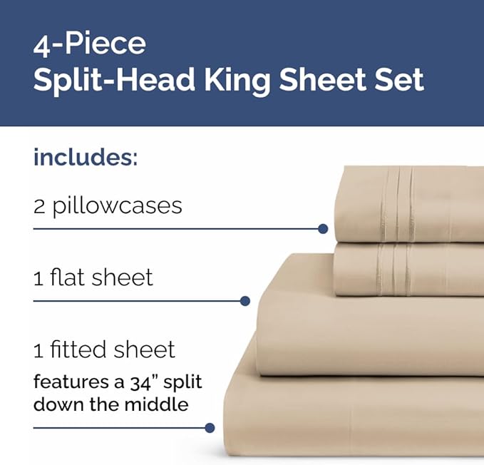 Flex Top Split Head King 4 Piece Sheet Set - Ultra-Soft, Breathable & Cooling Bed Sheets Set - Hotel Luxury Bedding for Women & Men with Deep Pockets - Wrinkle Free & Fade Resistant - Oeko-Tex - Wheat