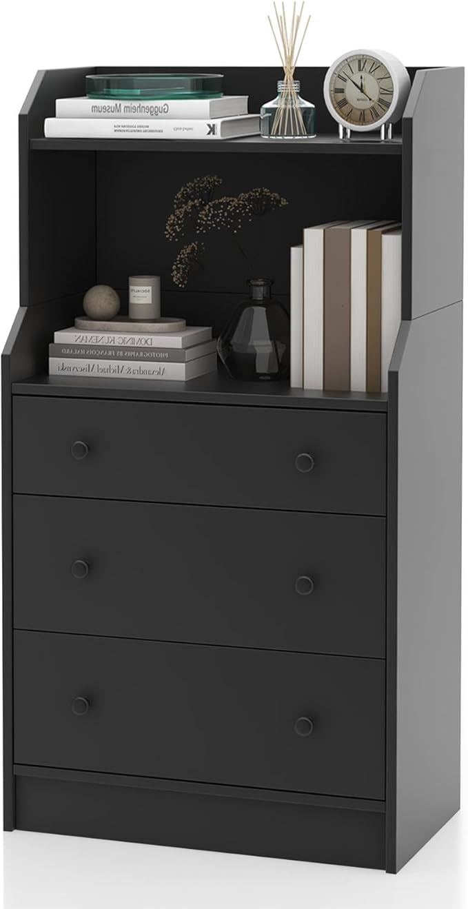 Tall 3 Drawers Dresser, Wood Chest of Drawers with 2 Open Shelves, Modern Nightstand with Anti-Toppling Device, Home Storage Cabinet Dresser Closet for Bedroom, Living Room, Entryway (Black)