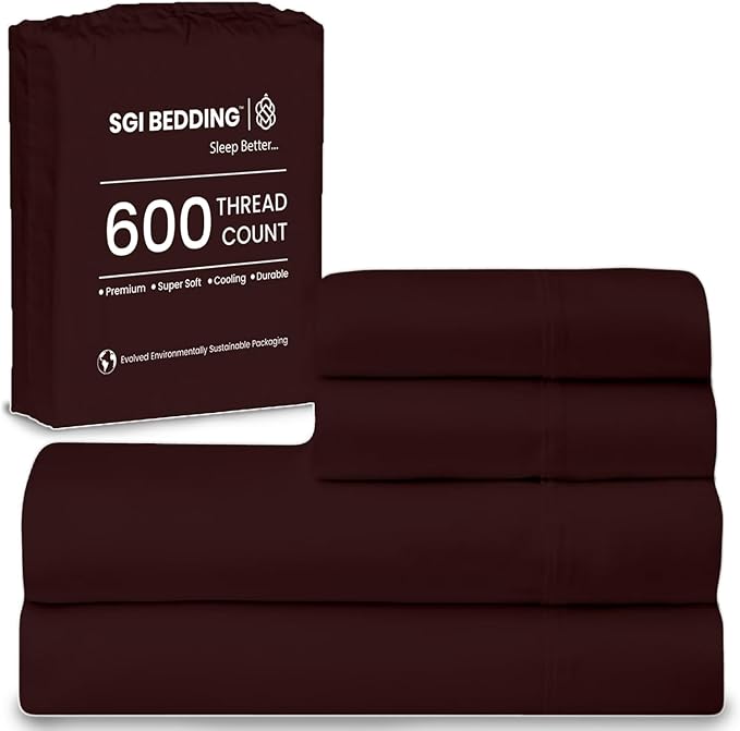 SGI bedding 100% Egyptian Cotton Sheets RV King Size – 600 Thread Count Sheets Set, Soft, Cooling, 15" Deep Pocket, Luxury Hotel Bedding, Breathable, Durable - Chocolate