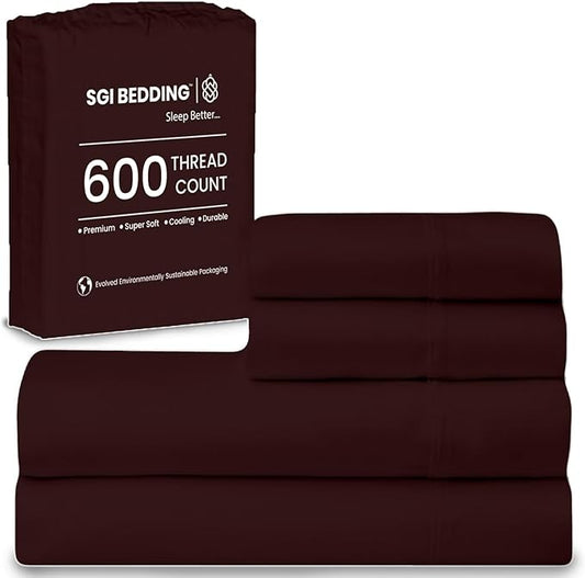 SGI bedding RV Short Queen Sheet Set 60x75, 600 TC Egyptian Cotton, 4 Piece Luxury Hotel Collection, Ultra Soft & Breathable, Fits RV Mattress Camper & Trailer, 15 Inch Pocket, Chocolate