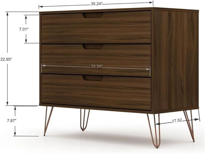 Manhattan Comfort Rockefeller 3 Drawer Dresser for Bedroom Storage, Nursery, Closet, Living Room, Entryway, TV Stand for Screens up to 32 Inches, Anti-Tip Kit Included, Set of 1, Brown