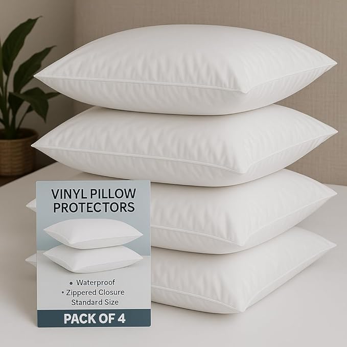 4 Pack Deluxe Zippered Vinyl Pillow Covers - Waterproof Protectors for Longer Lasting Pillows. Standard Size 20"x29". Ideal for Home, Hotel and Hospital use.