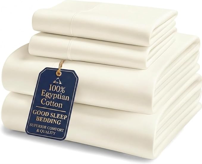 Good Sleep Bedding Bed Sheets Full Size, 4 Piece, 100% Egyptian Cotton Full Sheet Set, Silky Sateen Weave, Ultra-Soft & Durable Hotel Sheets, 16" Deep Pocket Full Bed Sheets - Ivory