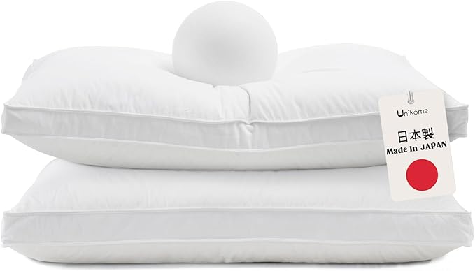 UNIKOME White Goose Down Feather Gusseted Pillows - 100% Cotton Cover - Standard Size Pillow Set of 2, Made in Japan Pillow for Sleeping