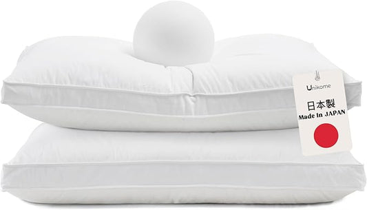 UNIKOME White Goose Down Feather Gusseted Pillows - 100% Cotton Cover - Standard Size Pillow Set of 2, Made in Japan Pillow for Sleeping