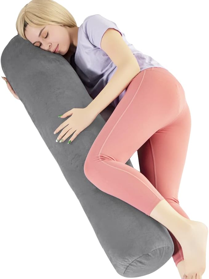 1 MIDDLE ONE Body Pillow for Adults, Bolster Pillow with Removable Velvet Cover, Long Round Cervical Roll Pillow, 47 x 7.87 Inches, Grey