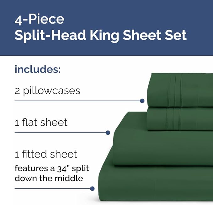 Flex Top Split Head King 4 Piece Sheet Set - Ultra-Soft, Breathable & Cooling Bed Sheets Set - Hotel Luxury Bedding for Women & Men with Deep Pockets - Wrinkle & Fade Free - Oeko-Tex - Emerald Green