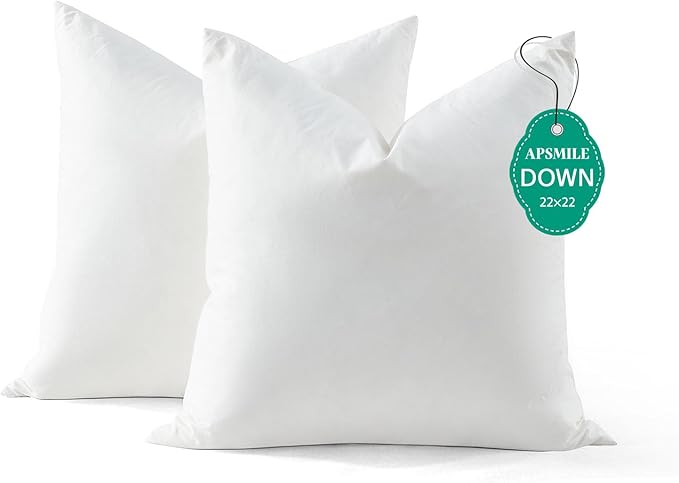 APSMILE Down Feather Throw Pillow Inserts, 22x22 Pillows Set of 2 with Organic Cotton Cover, Soft Square Decorative Pillows for Couch Living Room, Sofa, and Bed（White）