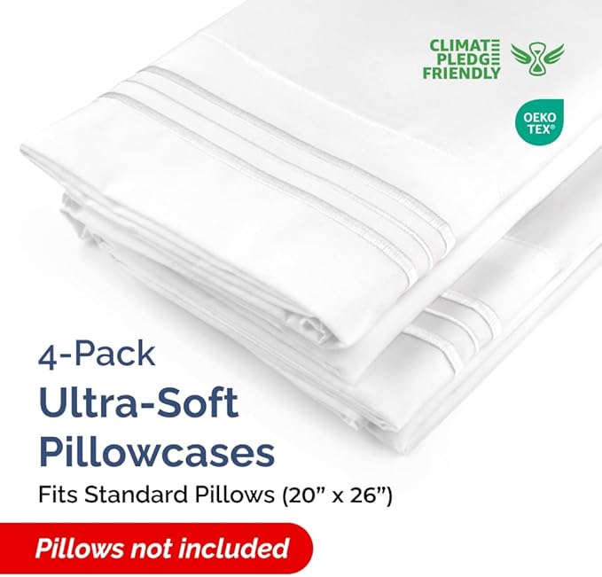Standard Pillow Cases Set of 4 - Ultra Soft Hotel Quality Pillowcase Covers - Comfy Cozy Bedding for Women, Men, Kids & Teens - Machine Washable Pillow Protectors - 4 Piece Set - Standard Size White