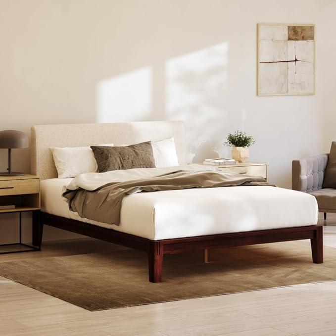 Nectar Bamboo Platform Bed Frame & Upholstered Headboard - King - Walnut/Linen - Floating Center Support Legs - 12” Height - Easy Tool Free Set Up - Sturdy Wooden Slats - Holds Up To 800 lbs