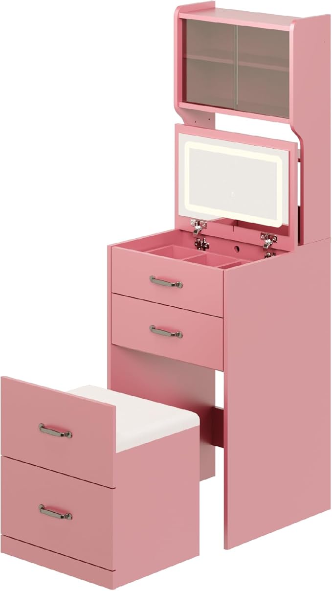 GarveeLife Compact Vanity, Make Up Vanity Desk with Mirror and Lights, White Vanity Table Set with Charger Station,Girls Small Vanity and Storage Chair