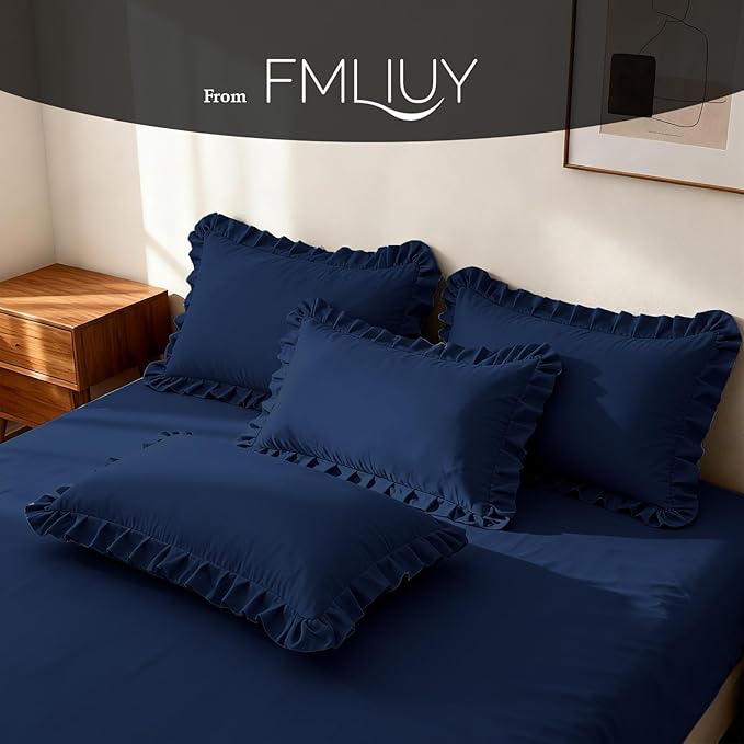 Ruffle Pillow Cases Standard Size Set of 2 –Soft Wrinkle Resistant Brushed Microfiber Ruffled Pillowcases –Envelope Pillow Shams Cover Festive Gift for Hotels,Guest Rooms 20x26 Inch (Navy Blue)