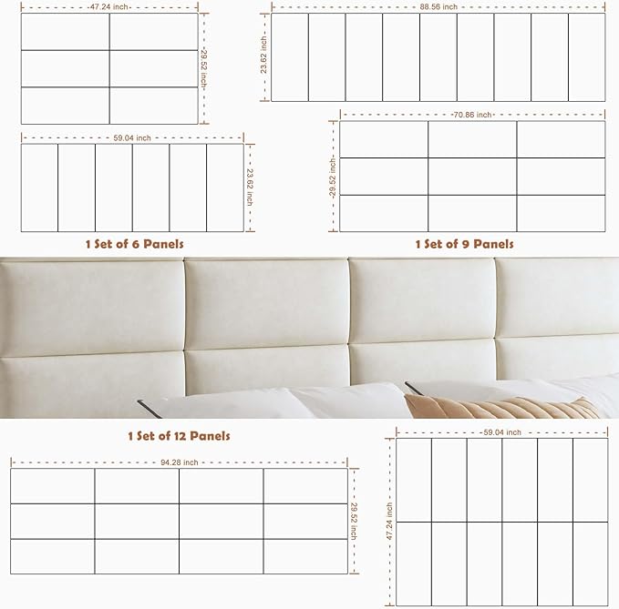 IFNOW Wall Mounted Upholstered Headboard King, 3D Peel and Stick Soundproof Panels, Reusable and Removable Padded Leather Bed Headboard, 12 Panels 9.84" x 23.62", Ivory White