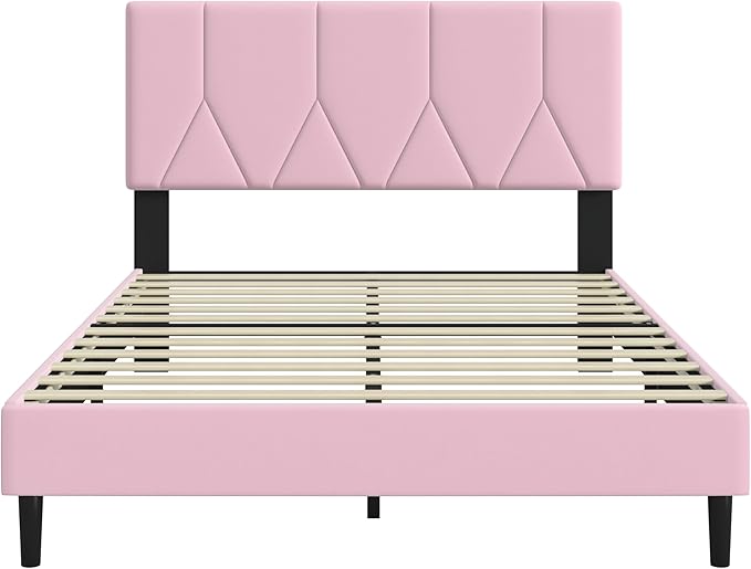 Full Bed Frame, Padded Platform Bed Frame with Velvet Headboard, Vertical Quilted Design, Sturdy Slatted Mattress Base, No Spring Mattress Required, Easy to Assemble, Pink