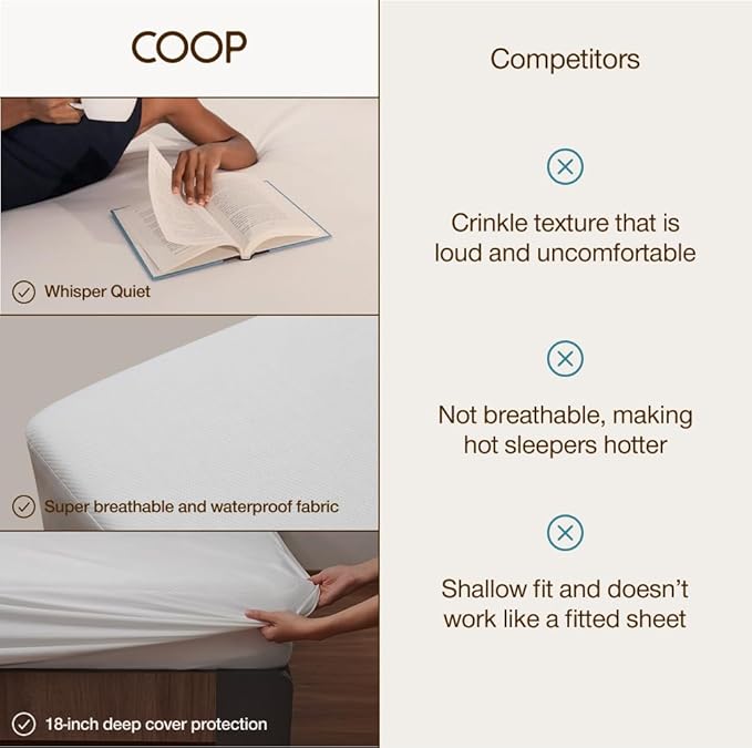 Coop Home Goods Ultra-Tech Waterproof Mattress Protector Twin, Smooth Top Mattress Pad, Waterproof Cover, Up to 18 Inches Deep, Machine Washable, Noiseless Comfort, Twin (39x75)