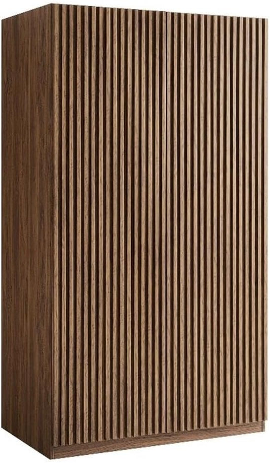 Modway Render Mid Century Modern Wardrobe Armoire Closet in Walnut w/Vertical Slatted Doors - 71Inch Freestanding Closet w/Adjustable Shelves & Hanging Rods - Tall Bedroom Storage Cabinet