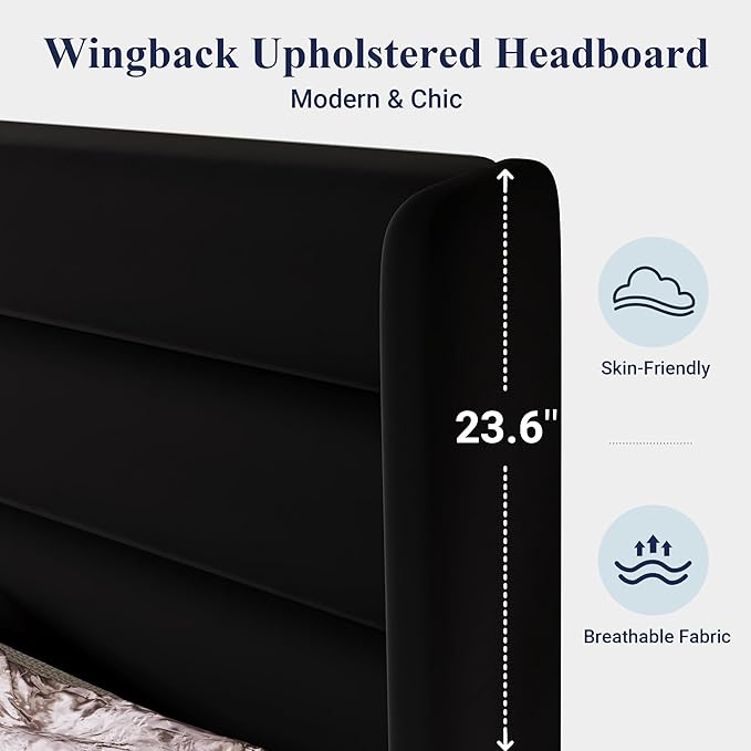 Allewie Queen Size Platform Bed Frame with Velvet Upholstered Wingback Headboard, No Box Spring Needed, Under Bed Storage Space, Strong Wooden Slats, Modern Mattress Foundation, Easy Assembly, Black