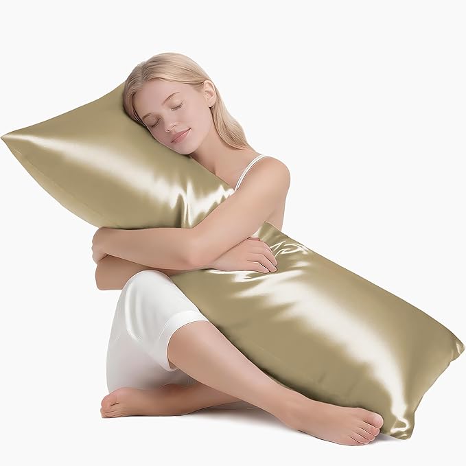 MR&HM Satin Body Pillow Cover, Soft and Breathable Body Pillow Case with Envelope Closure, Cooling and Silky Long Pillowcase for Hair and Skin,Grey (20x54, Golden Bronze)