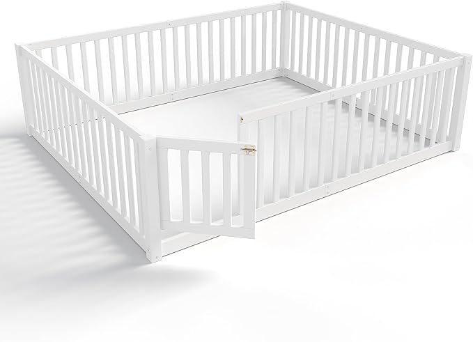 Bellemave Queen Size Montessori Floor Bed with 23.5" High Rails, Pine,Plywood Floor Bed with Small Door, White