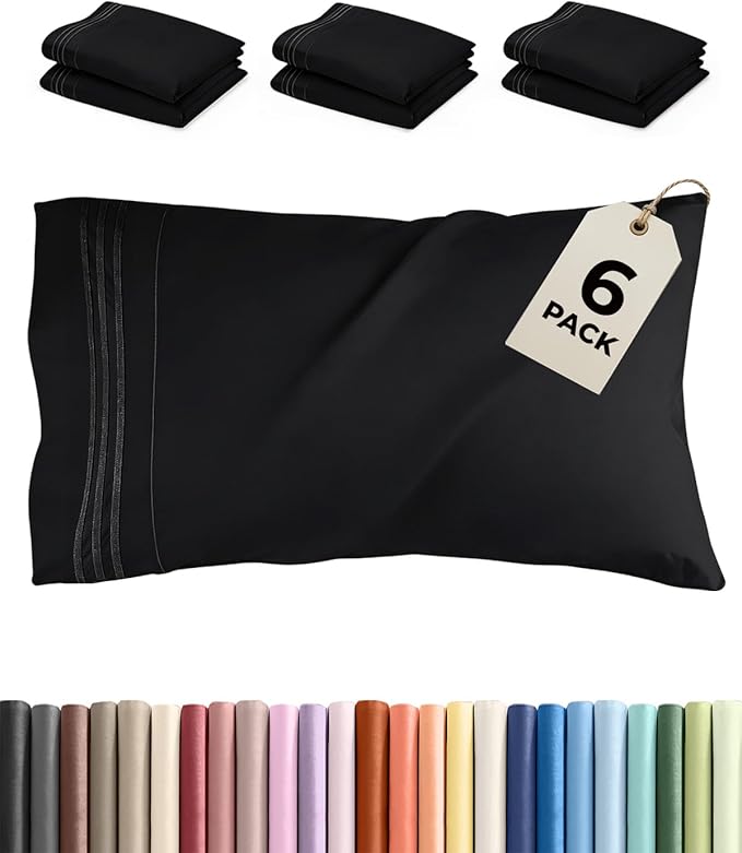 Standard Pillow Cases Set of 6 - Ultra Soft Hotel Quality Pillowcase Covers - Comfy, Cozy & Wrinkle Free - Shrink, Stain and Fade Resistant - Machine Washable Pillow Protectors - 6 Piece Set - Black