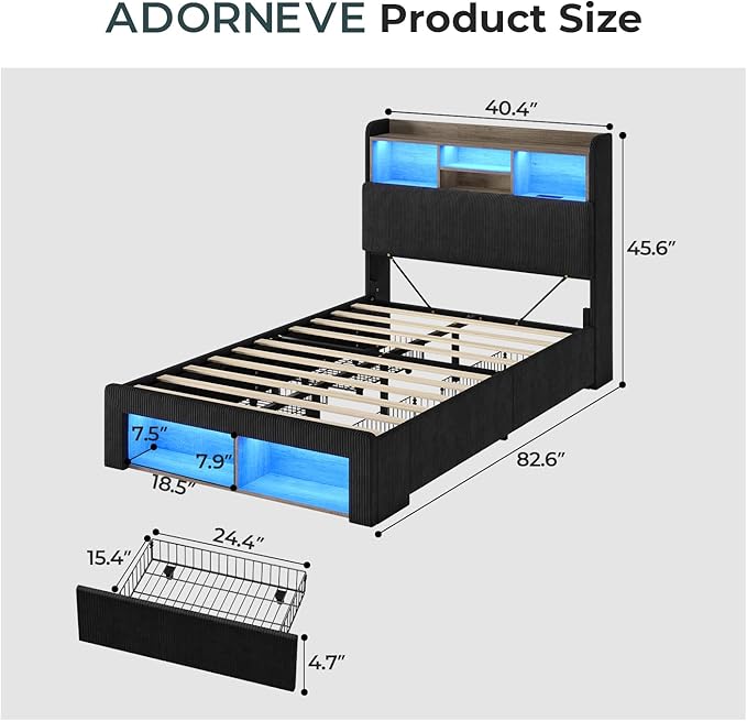 ADORNEVE Twin Bed Frames with 4 Storage Drawers, 2 Footboard Cubbies and RGB Lights, Corduroy Upholstered Platform Bed with Charging Station and Storage Headboard, No Box Spring Needed, Black