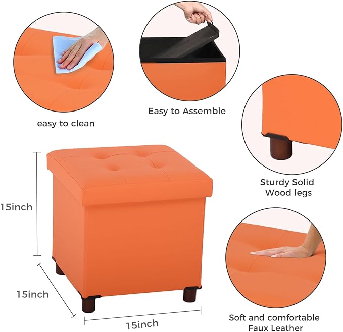 Dorriss Storage Ottoman for Living Room Ottoman Square with Tray Bedroom Cube Foot Rest Stool with Legs Small Ottomans Coffee Table Lid Foldable Footstool Faxu Leather 15" in (Orange)