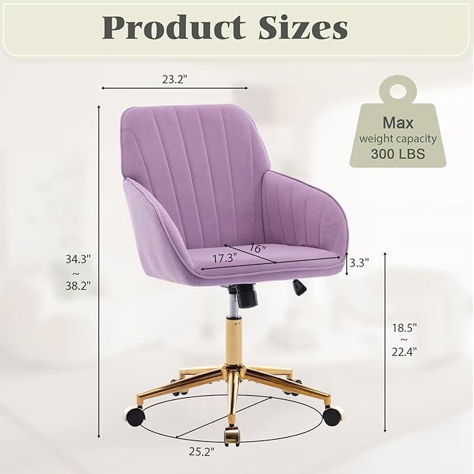 Velvet Vanity Chair with Wheels, Height Adjustable Swivel Makeup Chair, Armless Small Desk Chair for Bedroom/Office/Vanity Table, 250 lbs Capacity (Velvet, Lilac-2)
