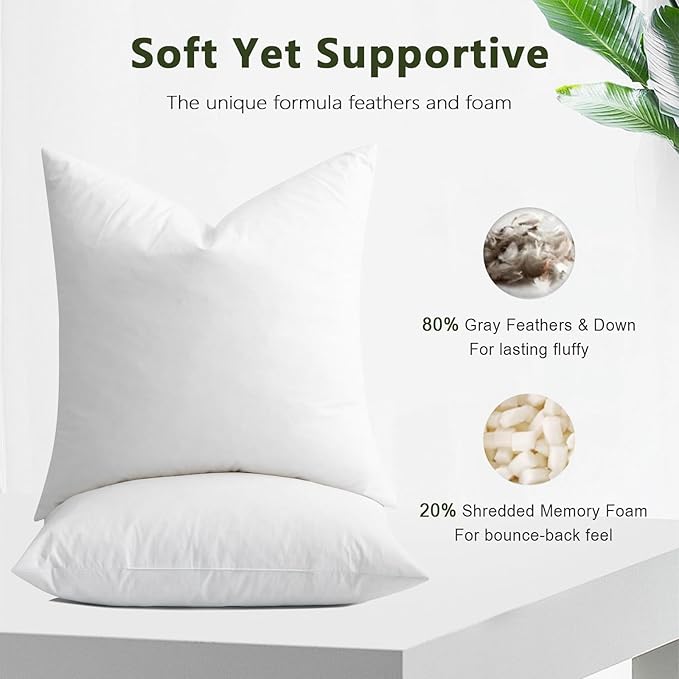 DWR Set of 2 Feather Down Throw Pillow Inserts 20x20 with Organic Cotton Cover, Feather Square White Decorative Pillow Inserts for Bed, Sofa, and Couch