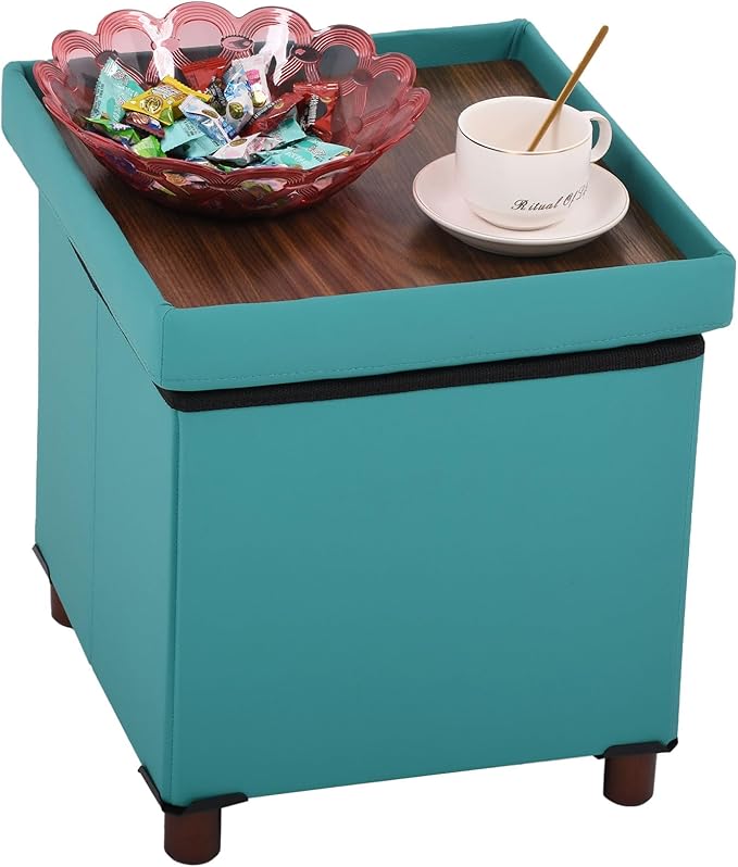 Dorriss Storage Ottoman - Foldable Footstool with Storage, Square Tray, Coffee Table Lid, Light Green