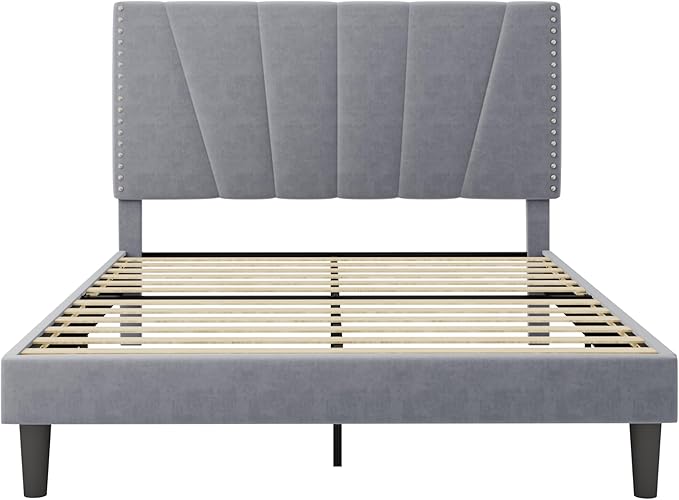 Allewie Queen Size Bed Frame with Adjustable Velvet Upholstered Headboard, Rivet-Style Nailhead Trim Detail Platform Bed Frame, Wooden Slat Support, No Box Spring Needed, Easy Assembly, Grey