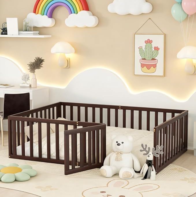 Bellemave Full Size Montessori Floor Bed with 21.7" High Rails, Pine,Plywood Floor Bed with Small Door, Walnut