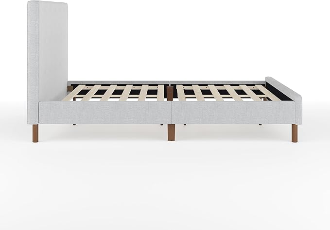 Martha Stewart Britta Platform Bed with Headboard & Footboard, Faux Linen Upholstery with Piping Detail, Rounded Headboard, No Box Spring Needed, Full, Gray