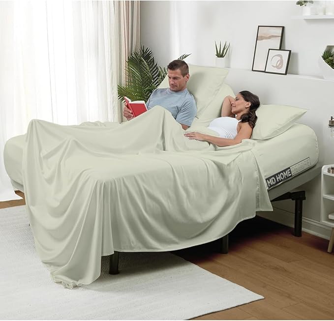 4 Piece Split Head Flex Sheet Set, 39" Top Split King Sheets for Adjustable Beds, 100% Egyptian Cotton, 16 Inch Deep Pocket, Soft Durable Breathable Sheets, Ivory Solid, Ideal for Adjustable Beds