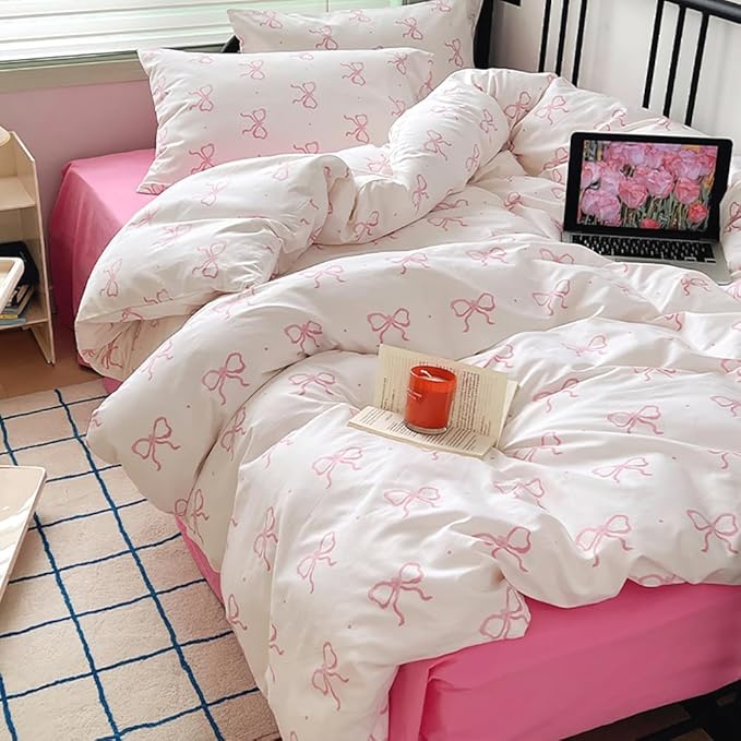 Nayoroom Pink Bow Duvet Cover Queen Size Polka Dot Bowknot Coquette Duvet Cover 3 Pieces Soft Lightweight Microfiber Girls Cute Aesthetic Dorm Bedding Set