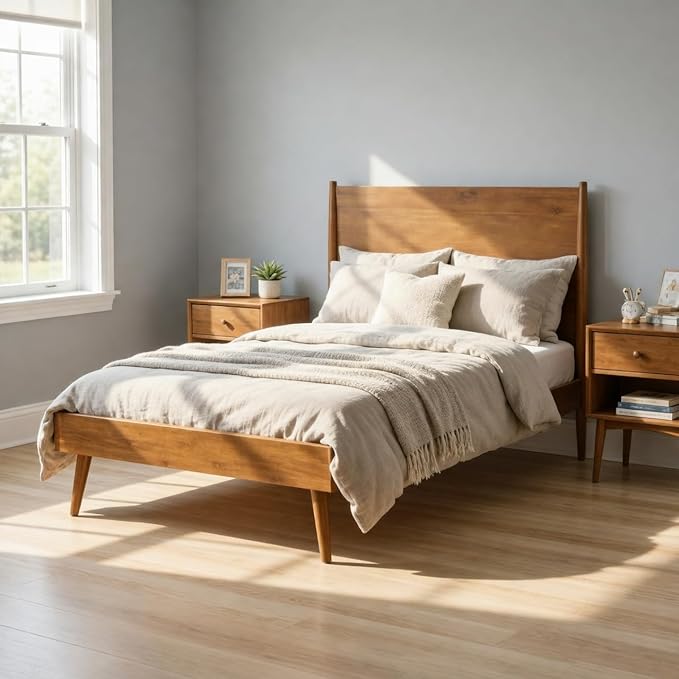 Merax Twin XL Size Solid Wood Platform Bed, Mid-Century Modern Bed Frame with Splayed Legs, 600 lbs Weight Capacity, No Box Spring Needed, Natural