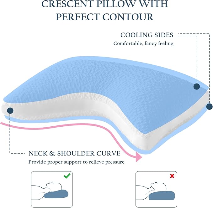 Cooling Side Sleeper Pillow for Neck and Shoulder Support, Ergonomic Curved Crescent Gusseted Luxury Shredded Memory Foam( CertiPUR-US Certified ) with Extra Fill, Cool & Soft Cover, White Standard
