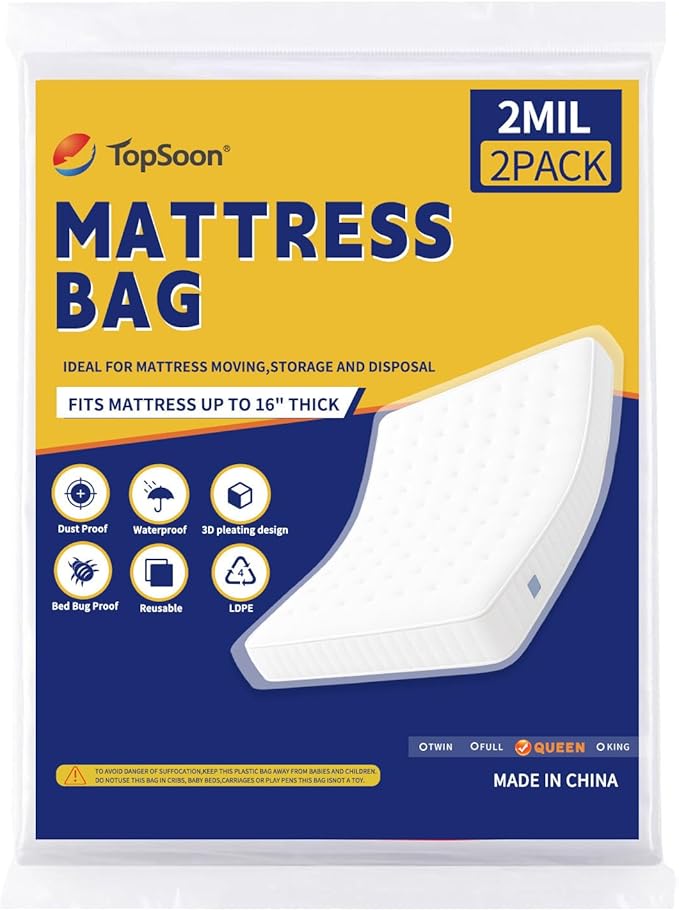 TopSoon 2PK Clear Plastic Mattress Bag - Moving & Storage Cover for Mattress or Box Spring - Heavy-Duty Disposal Supplies (2mil, Queen)