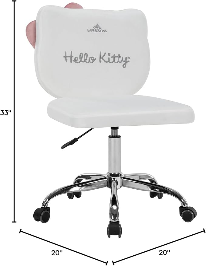 Impressions Vanity Hello Kitty Kawaii Swivel Vanity Chair for Makeup Room, Adjustable Height Desk Chair with Wheels Rolling, Comfy Foam Back (White)